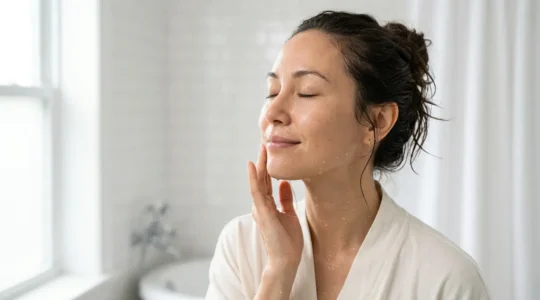 Donna che accarezza delicatamente il viso con acqua tiepida in un ambiente bagno minimalista