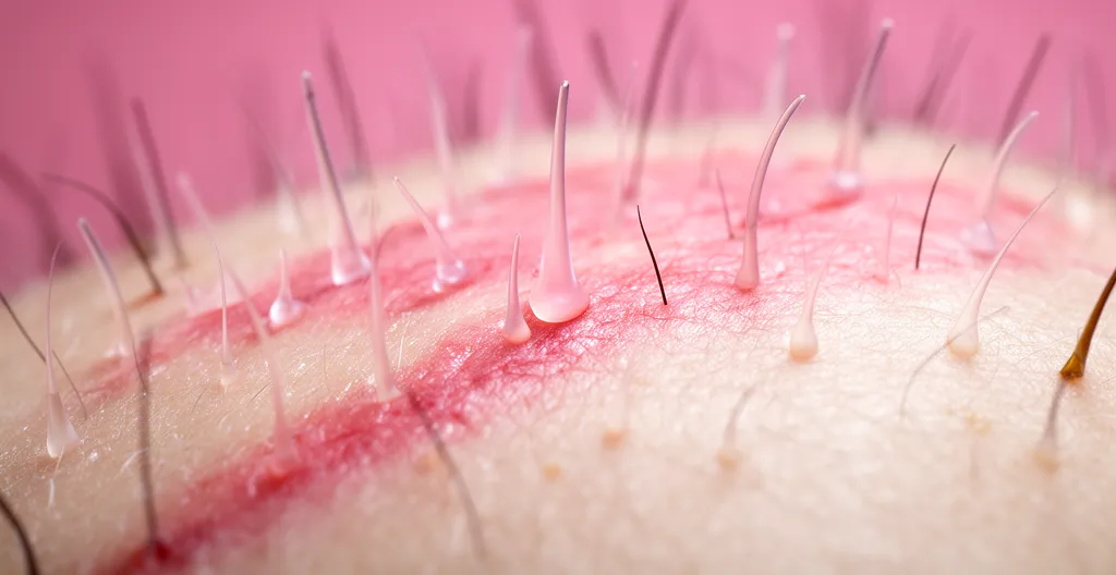 Dettaglio macro di cuoio capelluto sano con follicoli piliferi attivi e circolazione sanguigna visibile