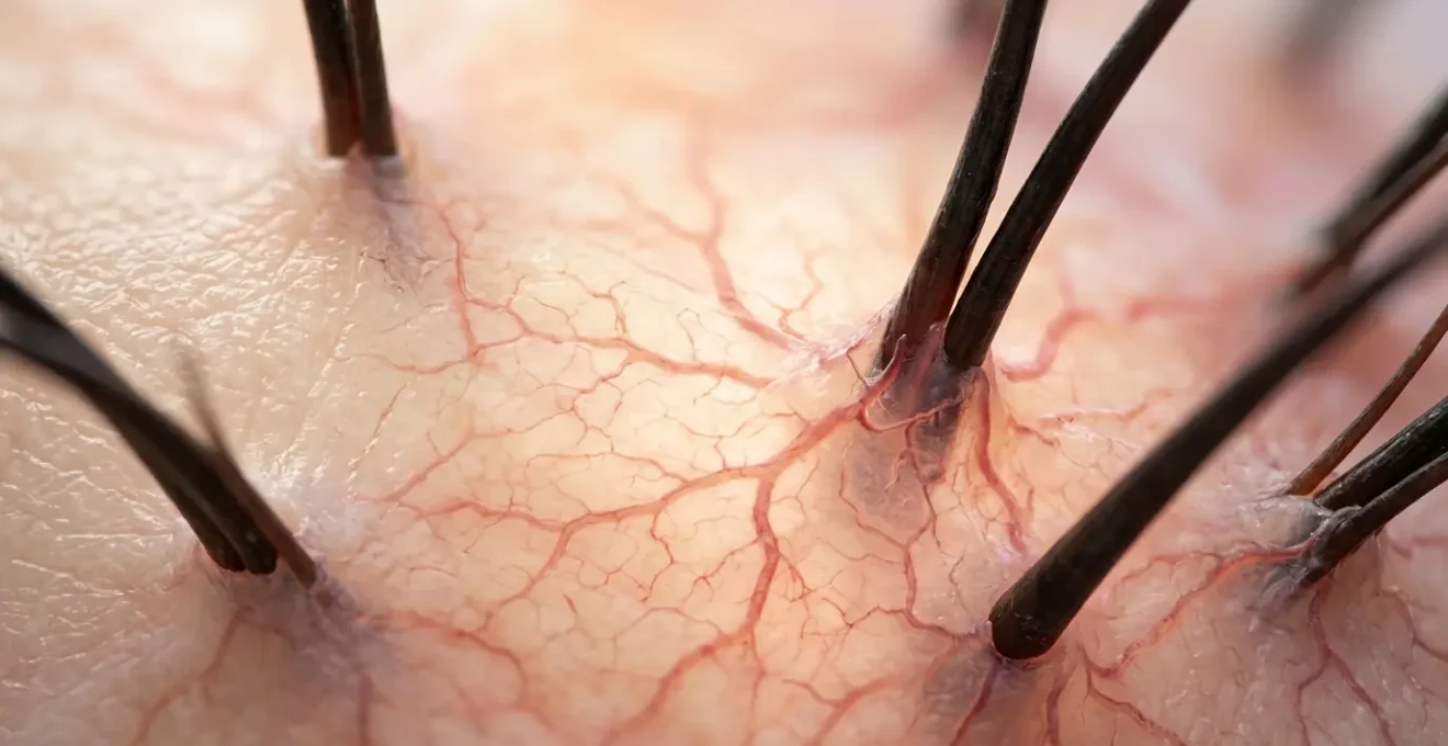 Primo piano della microcircolazione del cuoio capelluto con vasi sanguigni visibili e follicoli piliferi nutriti