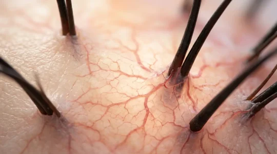 Primo piano della microcircolazione del cuoio capelluto con vasi sanguigni visibili e follicoli piliferi nutriti