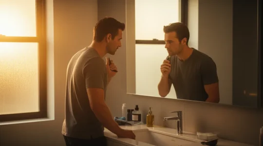 Uomo curato che si prepara davanti allo specchio del bagno al mattino