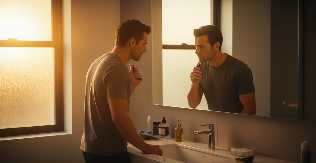 Uomo curato che si prepara davanti allo specchio del bagno al mattino