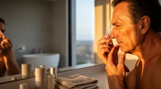 Uomo maturo che applica prodotti skincare davanti allo specchio del bagno