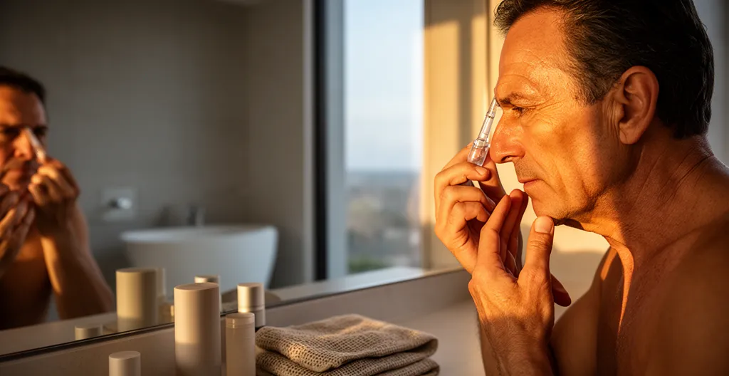 Uomo maturo che applica prodotti skincare davanti allo specchio del bagno