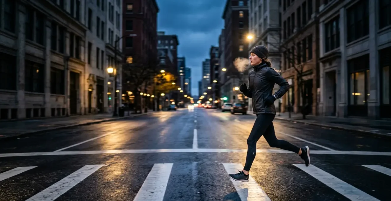 Runner che corre in città in inverno con abbigliamento tecnico stratificato sotto i 10°C