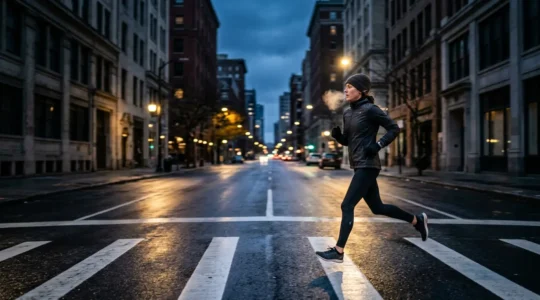 Runner che corre in città in inverno con abbigliamento tecnico stratificato sotto i 10°C
