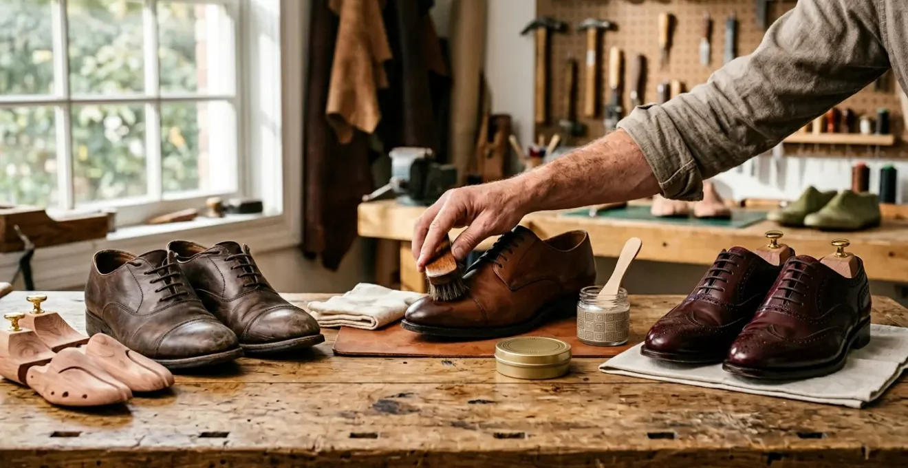 Scarpe in pelle lucidate con cura su banco da lavoro artigianale