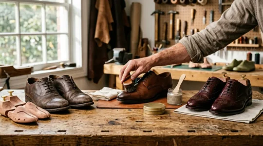 Scarpe in pelle lucidate con cura su banco da lavoro artigianale