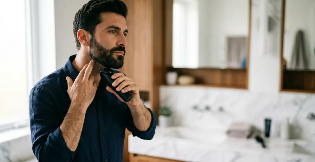Uomo che regola la barba davanti allo specchio con regolabarba professionale