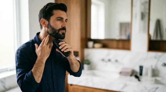 Uomo che regola la barba davanti allo specchio con regolabarba professionale
