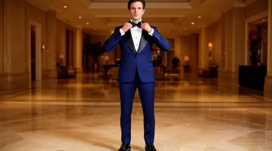 Uomo elegante in smoking perfettamente aderente con dettagli di alta sartoria in ambiente lussuoso