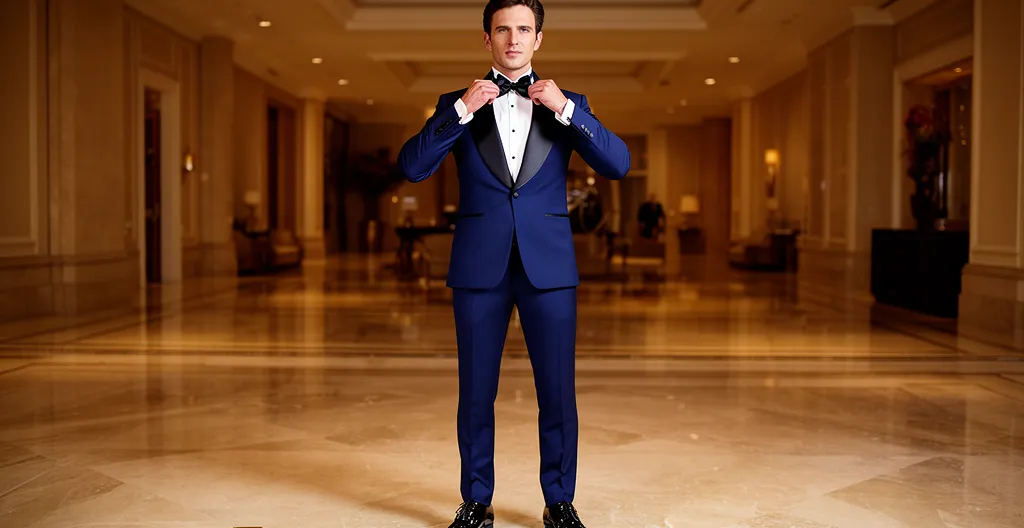 Uomo elegante in smoking perfettamente aderente con dettagli di alta sartoria in ambiente lussuoso