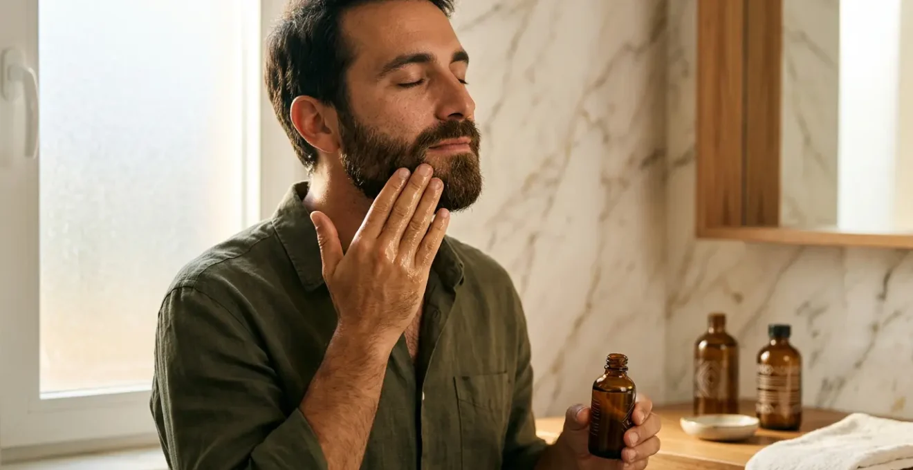 Uomo che massaggia delicatamente olio da barba sulla pelle del viso per alleviare il prurito
