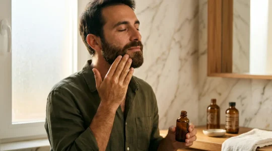 Uomo che massaggia delicatamente olio da barba sulla pelle del viso per alleviare il prurito