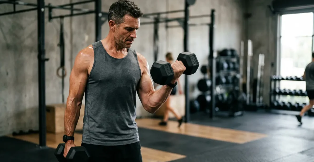 Uomo maturo in forma durante allenamento con manubri in palestra