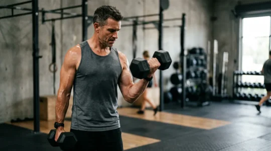 Uomo maturo in forma durante allenamento con manubri in palestra