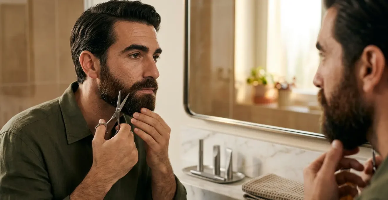 Uomo che si prende cura della barba davanti allo specchio in luce naturale