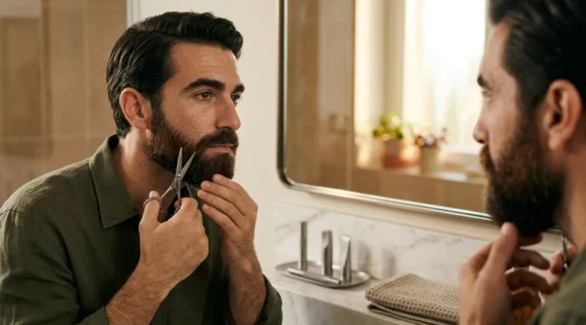 Uomo che si prende cura della barba davanti allo specchio in luce naturale