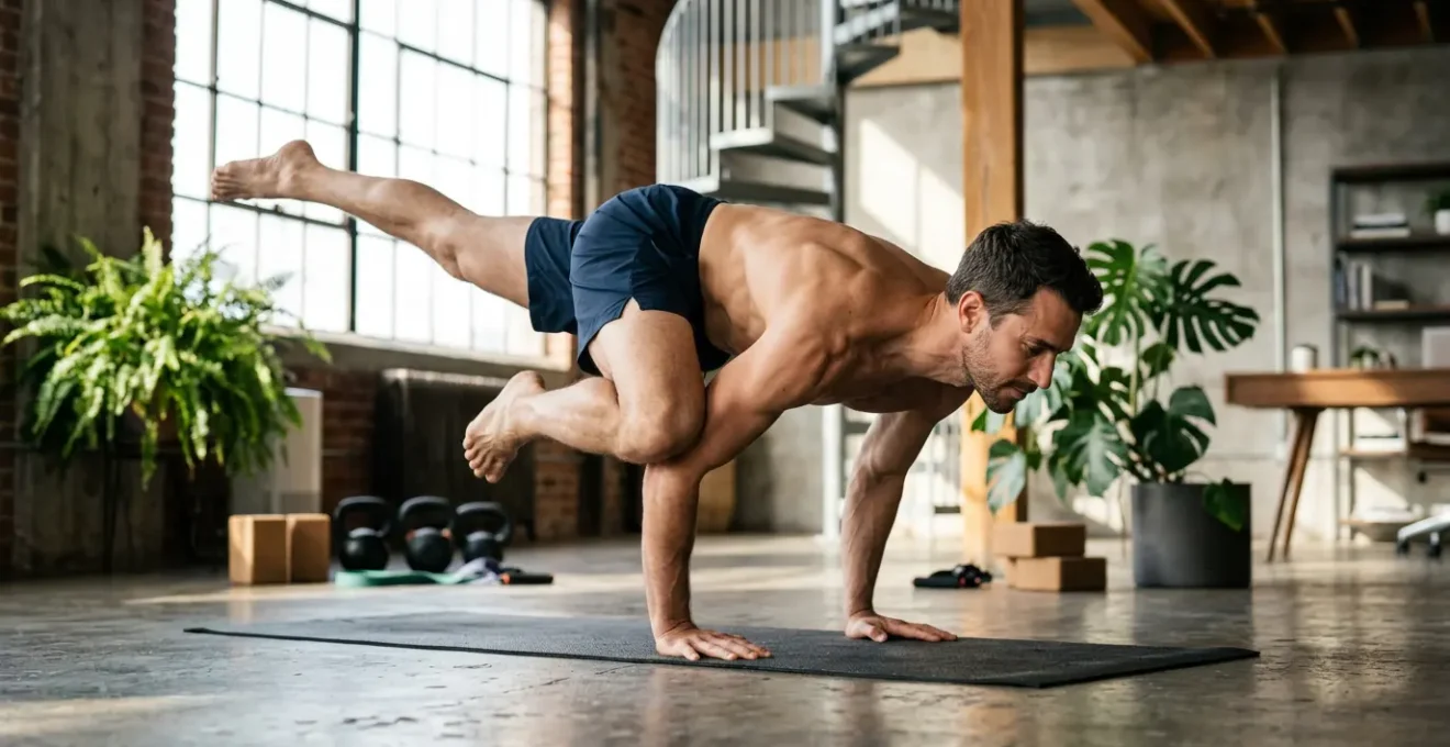 Uomo che pratica yoga in un ambiente ibrido tra ufficio e palestra, mostrando forza e concentrazione