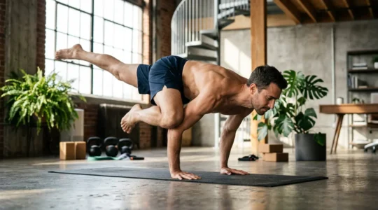Uomo che pratica yoga in un ambiente ibrido tra ufficio e palestra, mostrando forza e concentrazione