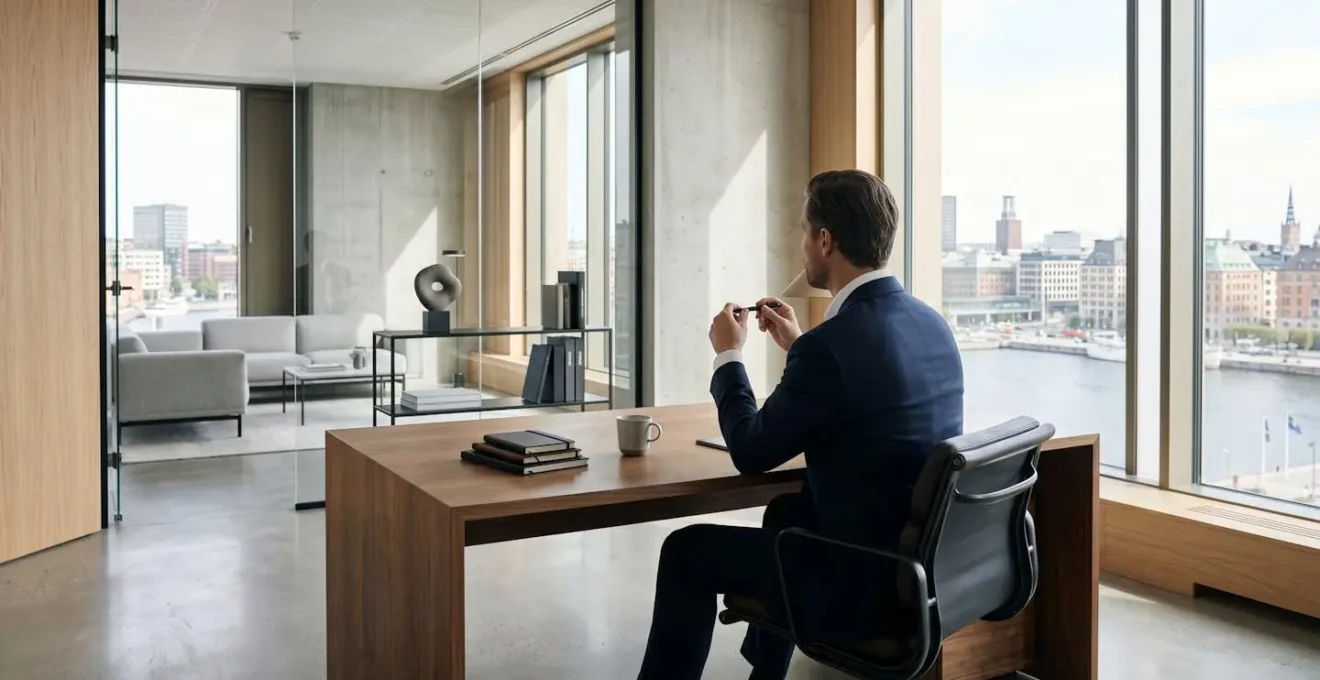 Ambiente professionale minimalista con focus su dettagli di stile autorevole