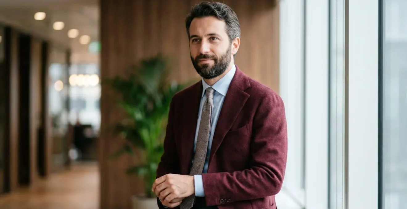 Professionista italiano con blazer bordeaux in ambiente ufficio moderno
