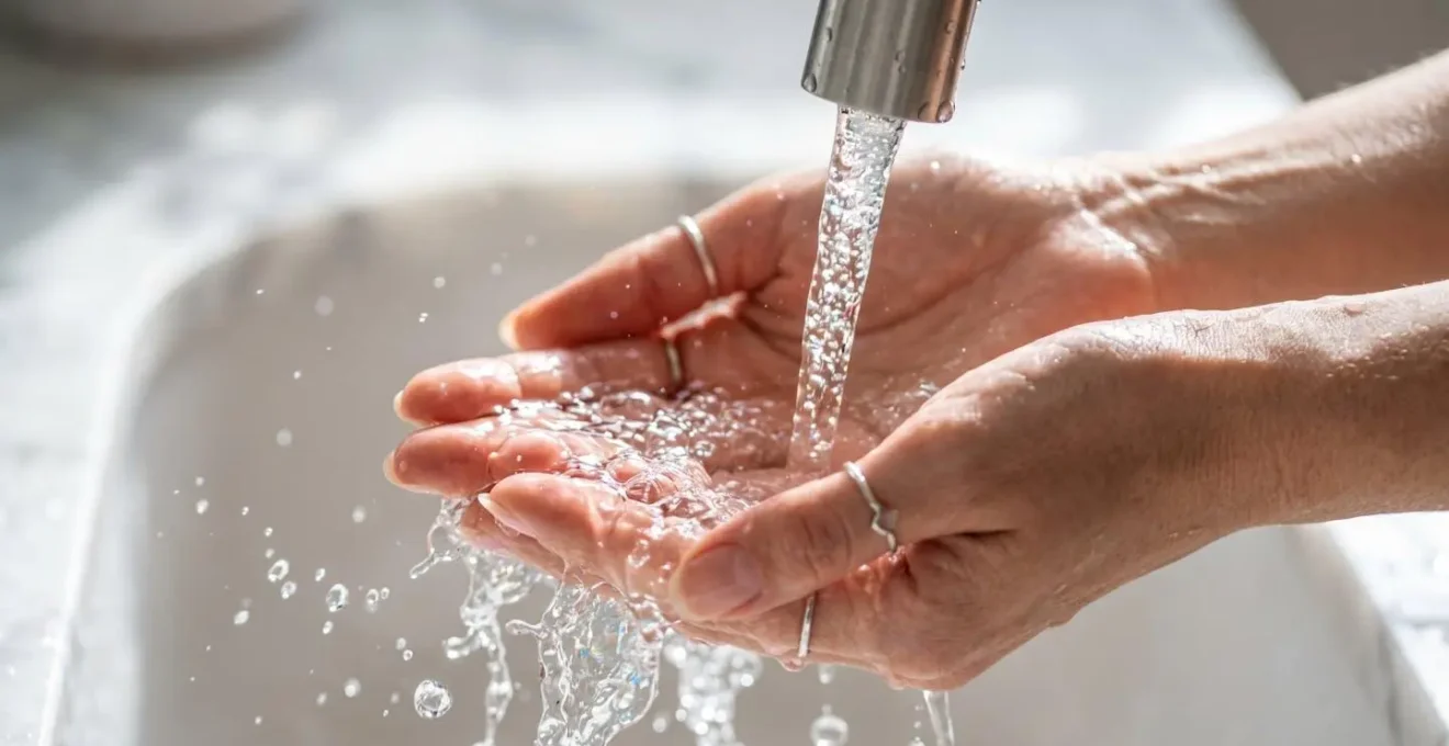 Mani che testano la temperatura dell'acqua dal rubinetto del bagno