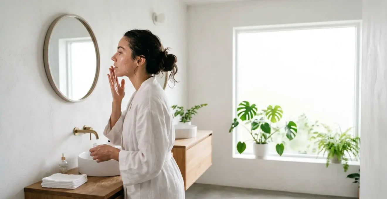 Applicazione di siero idratante su viso appena deterso con gocce d'acqua