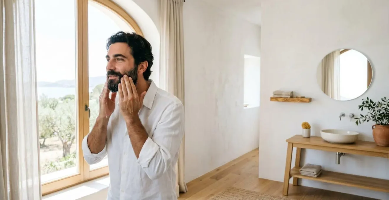 Uomo che applica gel leggero di aloe vera sulla barba