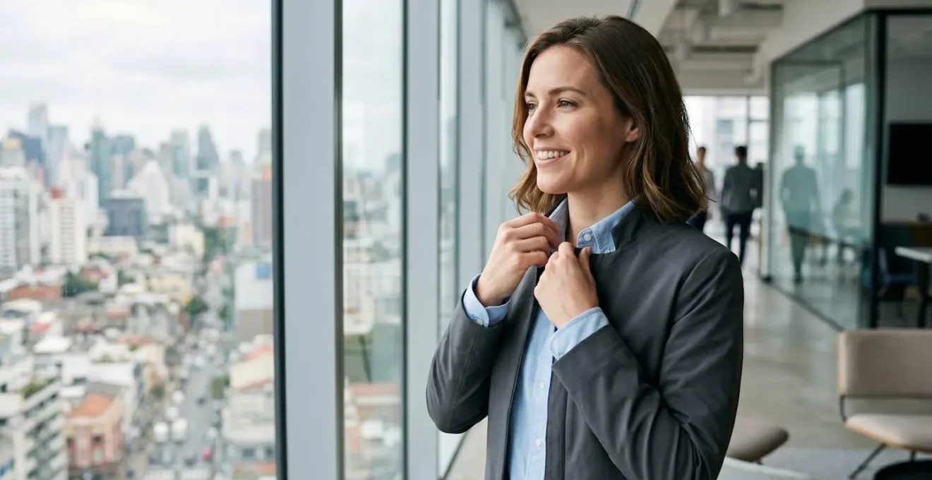 Uomo in ambiente ufficio moderno con combinazione guscio tecnico e camicia formale