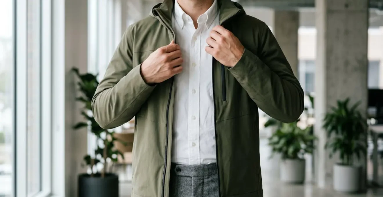 Dettaglio di un look business utility con un guscio tecnico indossato sopra una camicia formale in un ambiente d'ufficio moderno.
