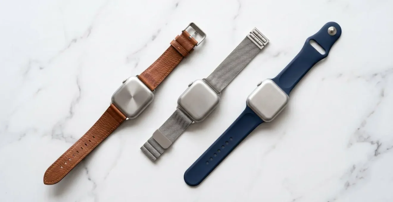 Diversi cinturini per smartwatch in contesto professionale elegante