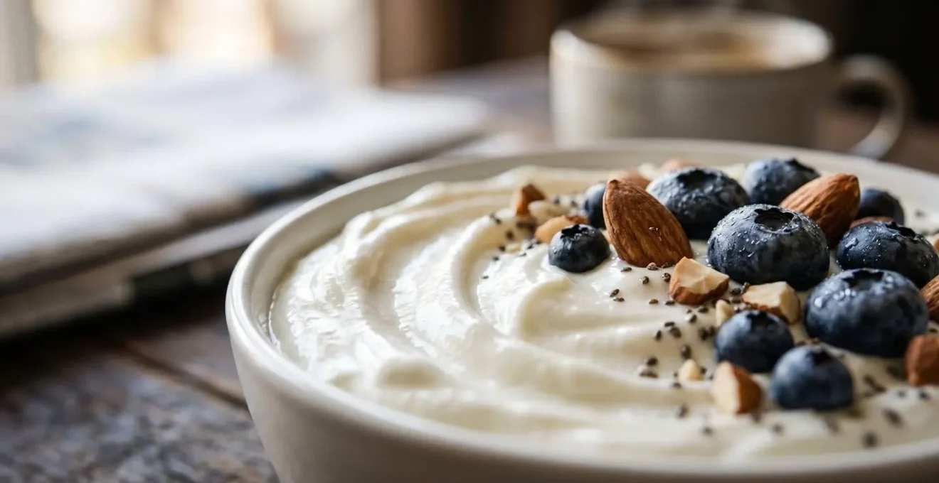 Un tavolo per la colazione con una ciotola di yogurt greco, frutta fresca e una tazza di caffè in un ambiente luminoso e mattutino.