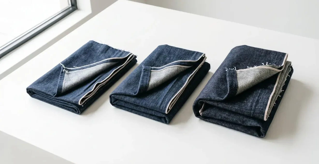 Confronto visivo tra tessuti denim di diversi pesi mostrando differenze di texture