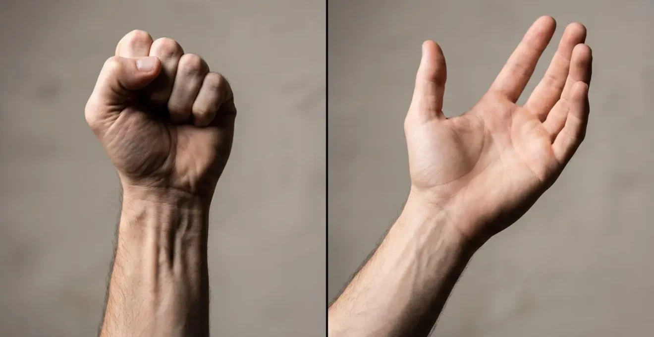 Confronto visivo tra un pugno chiuso e teso e una mano aperta e rilassata, a simboleggiare la differenza tra tensione e rilascio nello yoga.