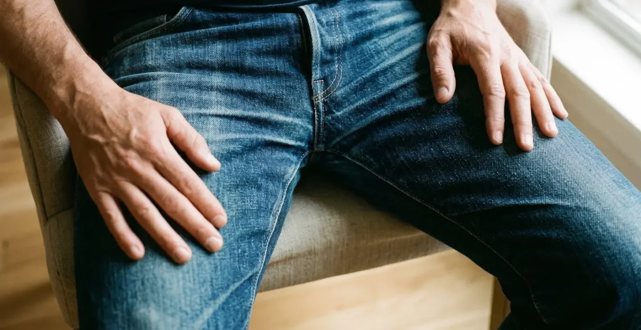 Dettaglio delle pieghe naturali 'moustaches' su jeans cimosato indossato