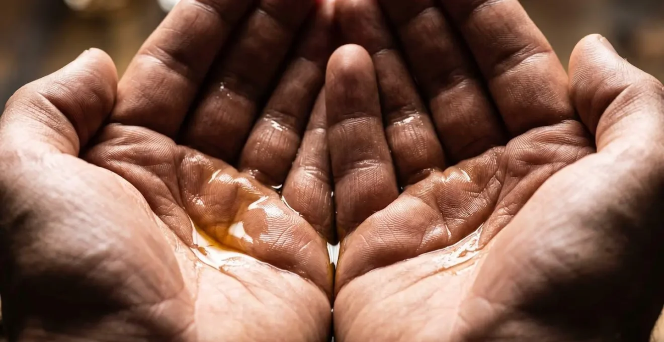 Dettaglio macro di mani maschili che distribuiscono olio dorato per barba