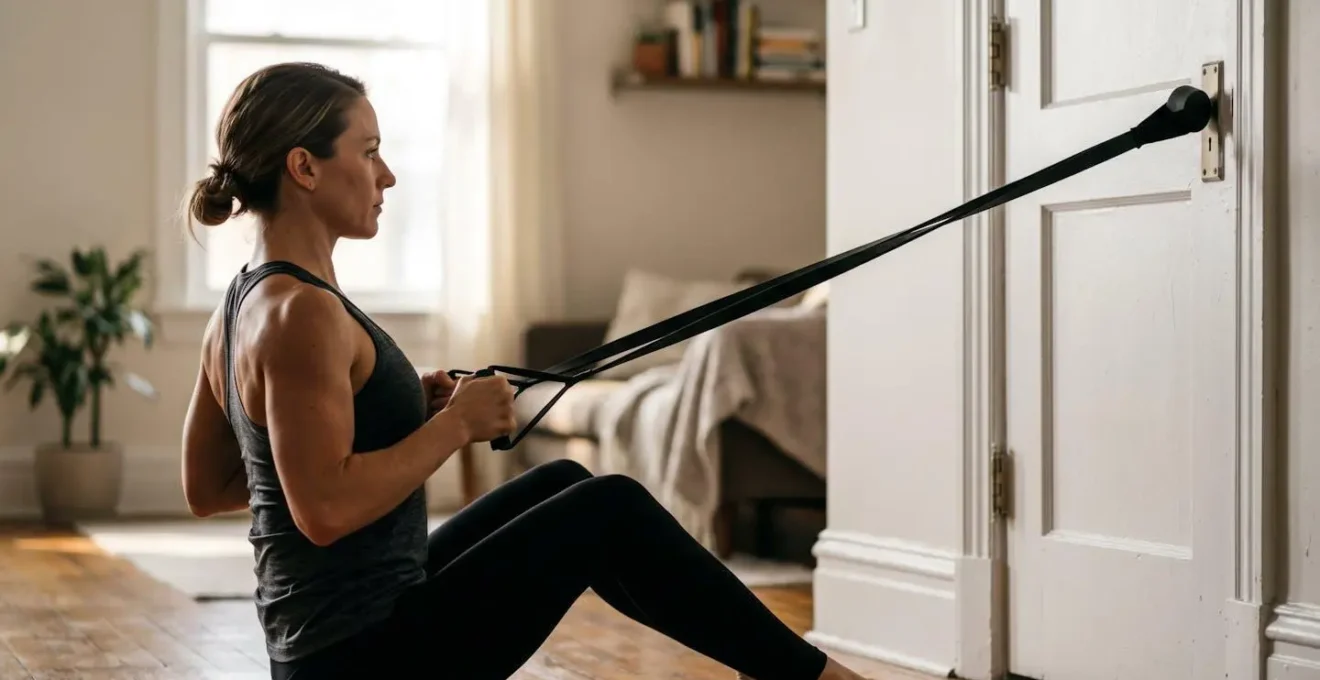 Persona che esegue un esercizio di rowing con elastici ancorati alla porta in un piccolo appartamento