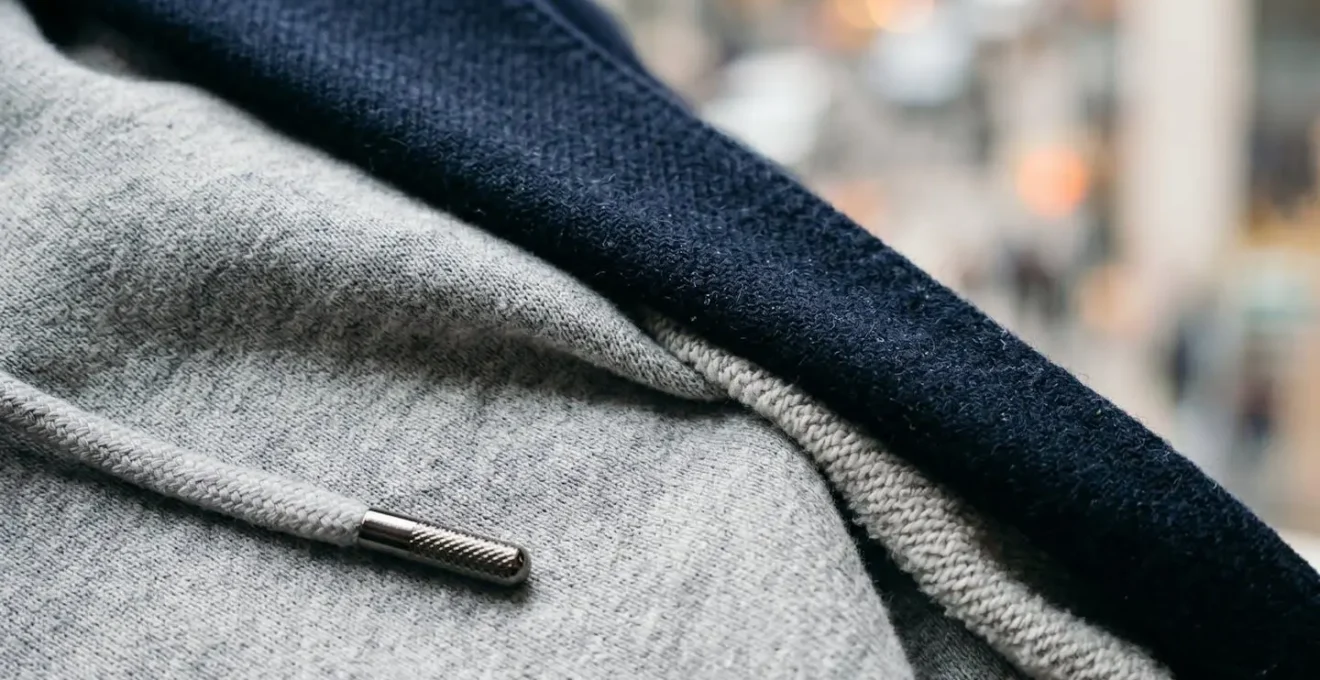 Dettaglio di felpa grigia premium sotto blazer blu navy