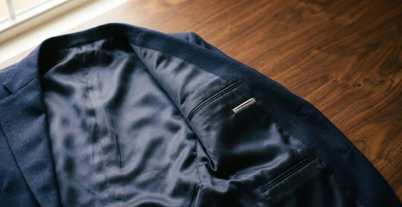 Dettaglio interno di giacca sartoriale con fodera in cupro premium