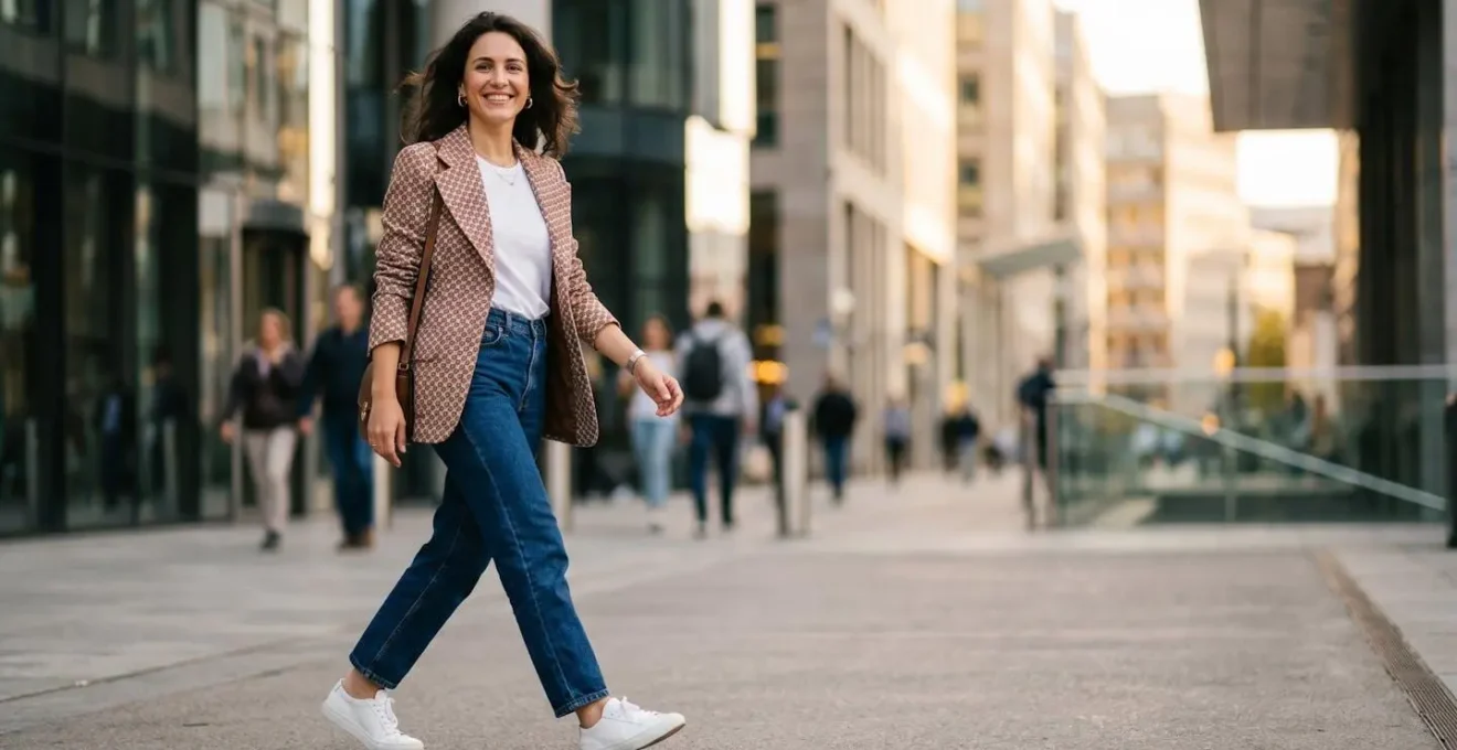 Outfit contemporaneo con giacca vintage anni settanta abbinata a elementi minimalisti moderni