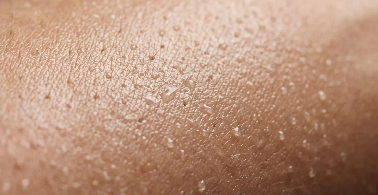 Dettaglio macro di una texture cremosa di protezione solare applicata sulla pelle con gocce di sudore