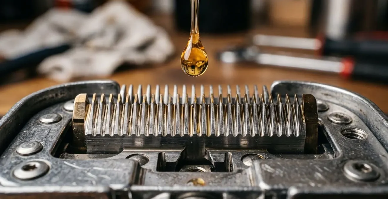 Primo piano delle lame del regolabarba durante la lubrificazione