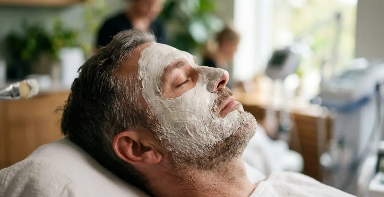 Applicazione maschera all'argilla bianca delicata su pelle maschile post-trattamento estetico
