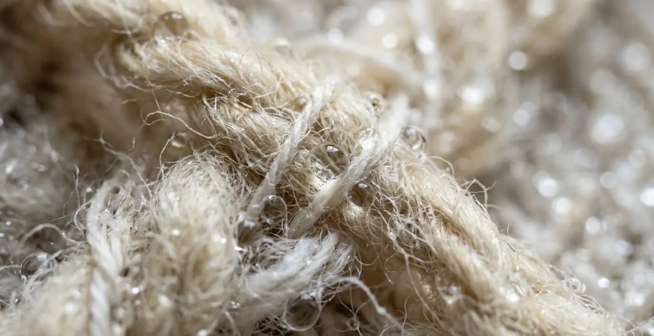 Dettaglio macro di fibre naturali di lana e cotone biologico intrecciate