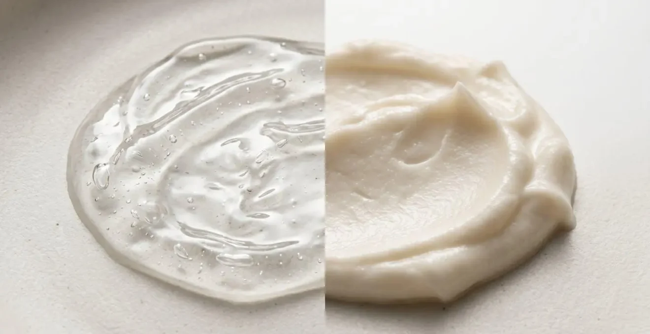 Dettaglio macro di texture di siero e crema skincare su superficie