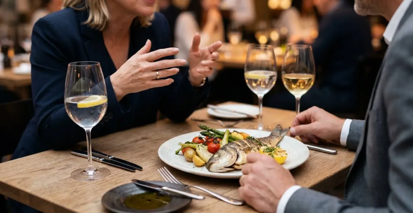 Tavolo di un ristorante elegante con piatti bilanciati e una presentazione raffinata, simbolo di una scelta sana e sociale.