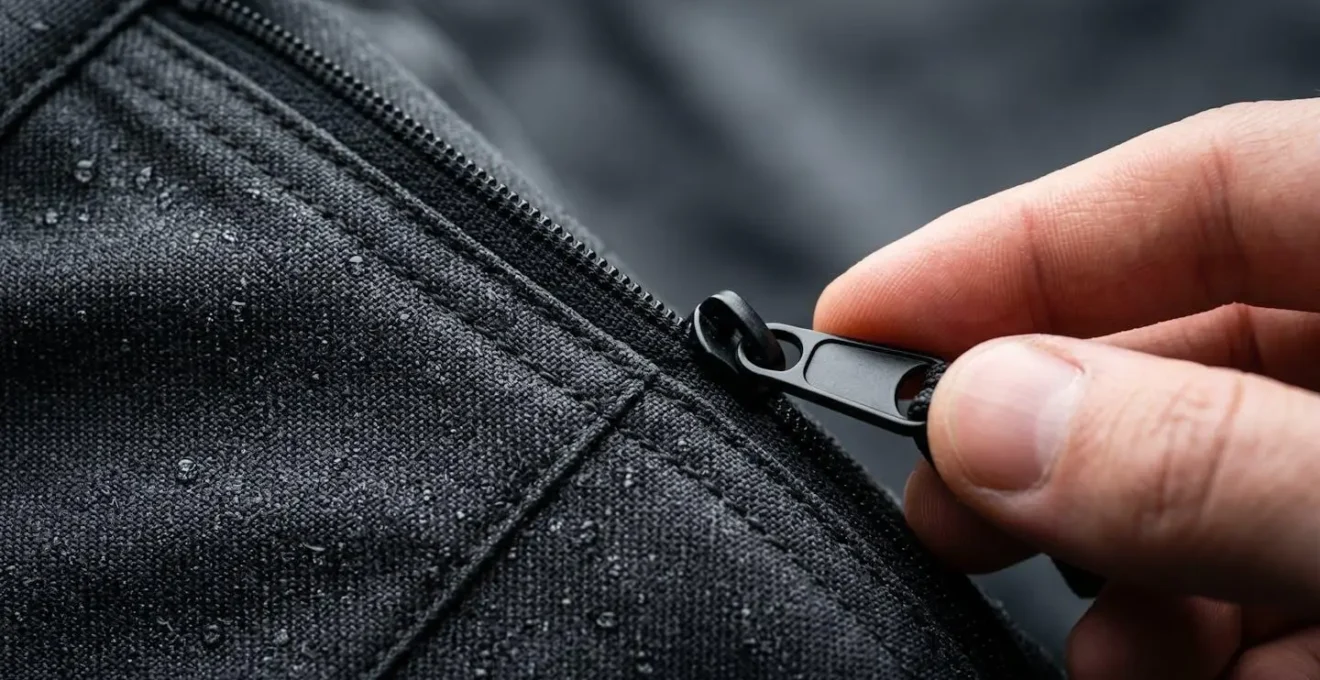 Dettaglio ravvicinato di pantaloni tecnici con sistema di tasche integrate