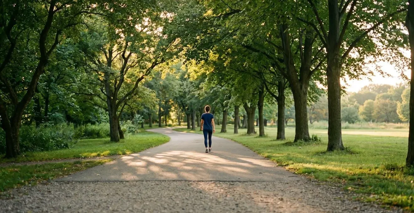Persona che cammina in un parco urbano durante l'ora dorata con luce naturale filtrata tra gli alberi