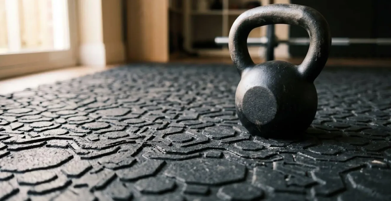 Vista ravvicinata di mattonelle in gomma esagonali nere per palestra con kettlebell poggiato sopra